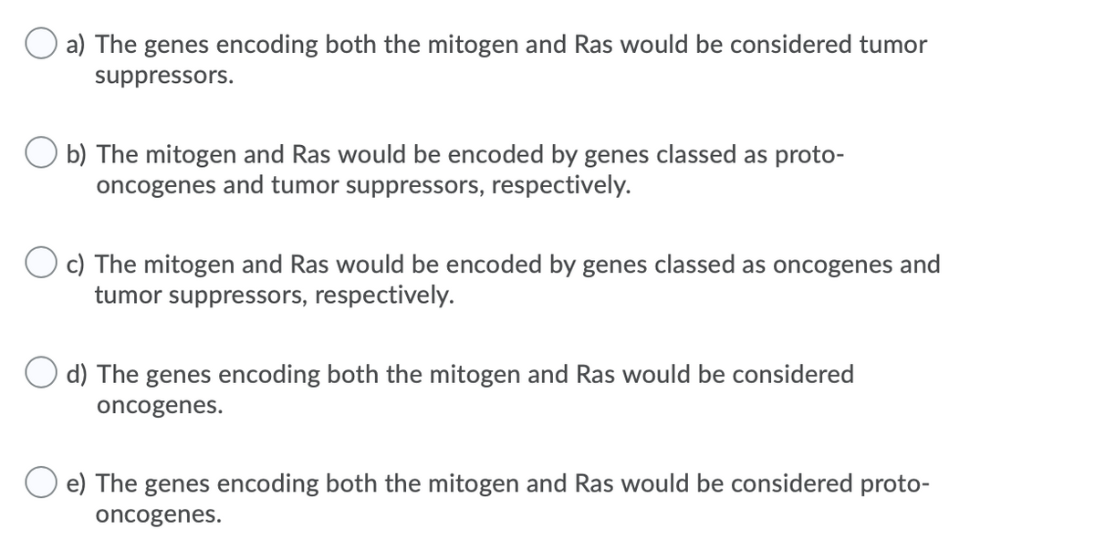 a) The genes encoding both the mitogen and Ras would be considered tumor
suppressors.
b) The mitogen and Ras would be encoded by genes classed as proto-
oncogenes and tumor suppressors, respectively.
O c) The mitogen and Ras would be encoded by genes classed as oncogenes and
tumor suppressors, respectively.
d) The genes encoding both the mitogen and Ras would be considered
oncogenes.
e) The genes encoding both the mitogen and Ras would be considered proto-
oncogenes.

