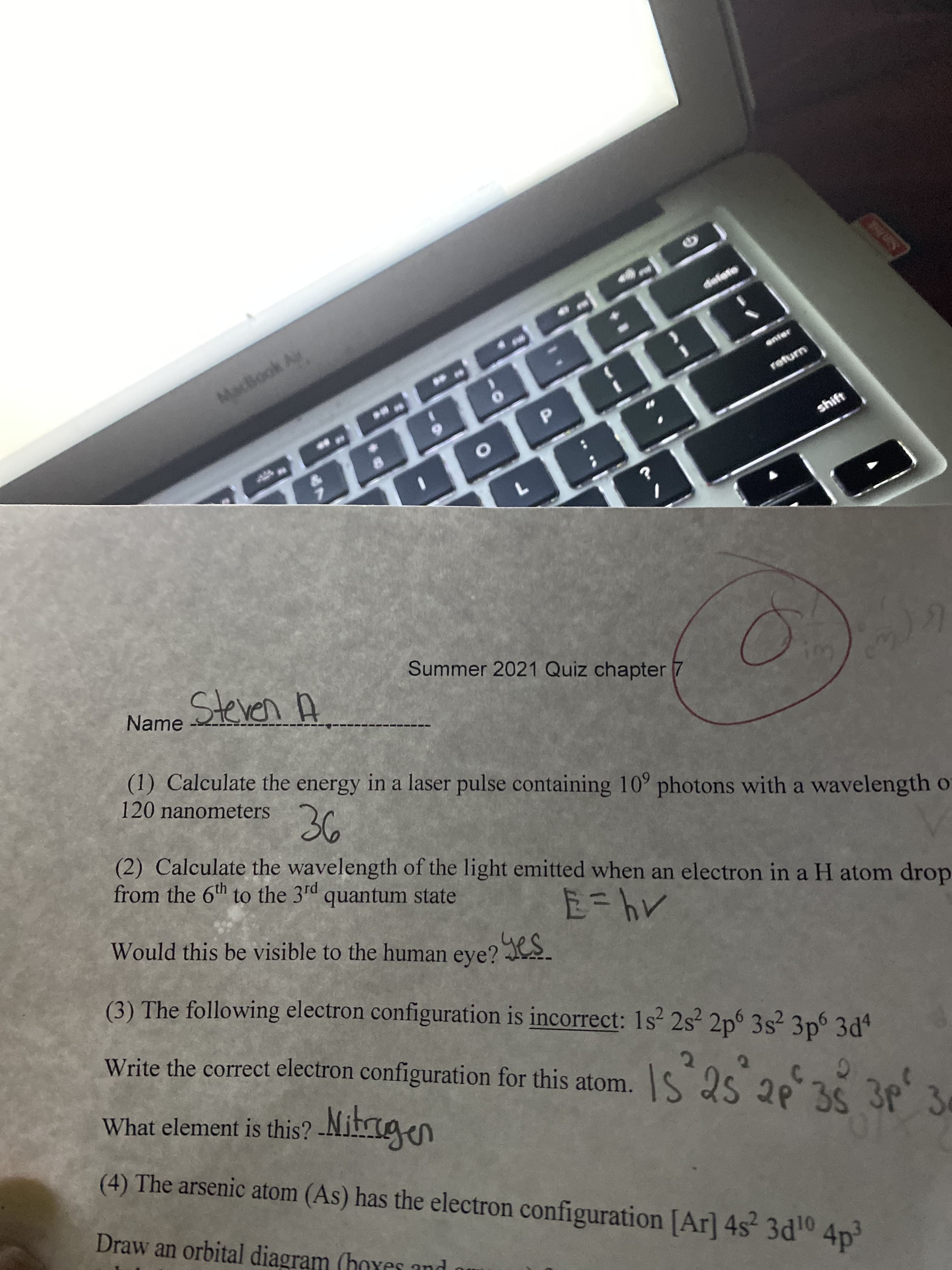 (1) Calculate the energy in a laser pulse containing 10° photons with a wavelength c
120 nanometers 2
