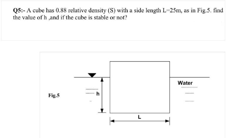 Q5:- A cube has 0.88 relative density (S) with a side length L-25m, as in Fig.5. find
the value of h ,and if the cube is stable or not?
Water
h
..***
Fig.5
L
