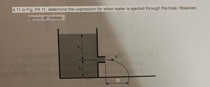 4.11 In Fig. P4.11, determine the expression for when water is ejected through the hole. However,
ignore all losses.
h,
h₂