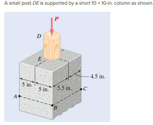 A small post DE is supported by a short 10 x 10-in. column as shown.
A
5 in.
D
E
5 in.
P
5.5 in.
B
C
4.5 in.