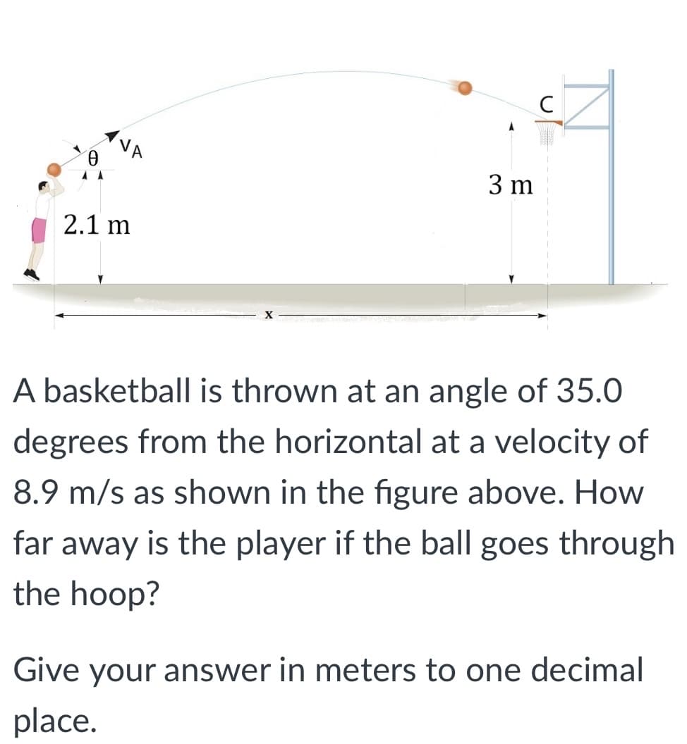 3 m
2.1 m
A basketball is thrown at an angle of 35.0
degrees from the horizontal at a velocity of
8.9 m/s as shown in the figure above. How
far away is the player if the ball goes through
the hoop?
Give your answer in meters to one decimal
place.
