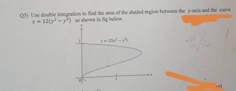 Q3) Use double integration to find the area of the shaded region between the y-axis and the curve
x = 12(y²-y³) as shown in fig below
x = 12(y²-y³²)
<s)