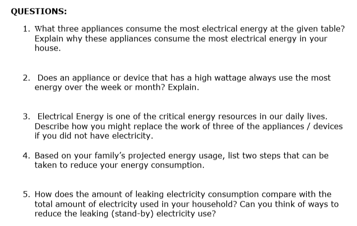 QUESTIONS:
1. What three appliances consume the most electrical energy at the given table?
Explain why these appliances consume the most electrical energy in your
house.
2. Does an appliance or device that has a high wattage always use the most
energy over the week or month? Explain.
3. Electrical Energy is one of the critical energy resources in our daily lives.
Describe how you might replace the work of three of the appliances / devices
if you did not have electricity.
4. Based on your family's projected energy usage, list two steps that can be
taken to reduce your energy consumption.
5. How does the amount of leaking electricity consumption compare with the
total amount of electricity used in your household? Can you think of ways to
reduce the leaking (stand-by) electricity use?
