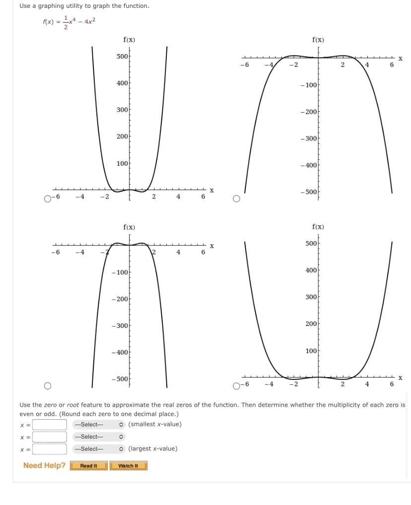 Use a graphing utility to graph the function.
f(x) = x² - 4x²
2
X =
0-6 -4
X =
-6
-4
Need Help?
-2
Read It
f(x)
500
400
300
200
100
f(x)
-100
-200
-300
-400
-500
◊
2
4
Watch It
4
(largest x-value)
6
6
X
X
-6
-4,
0-6 -4
-2
-2
f(x)
-100
-200
-300
-400
-500
f(x)
500
400
300
200
100
2
2
Use the zero or root feature to approximate the real zeros of the function. Then determine whether the multiplicity of each zero is
even or odd. (Round each zero to one decimal place.)
X =
---Select---
(smallest x-value)
---Select---
---Select---
4
4
6
6
X
X