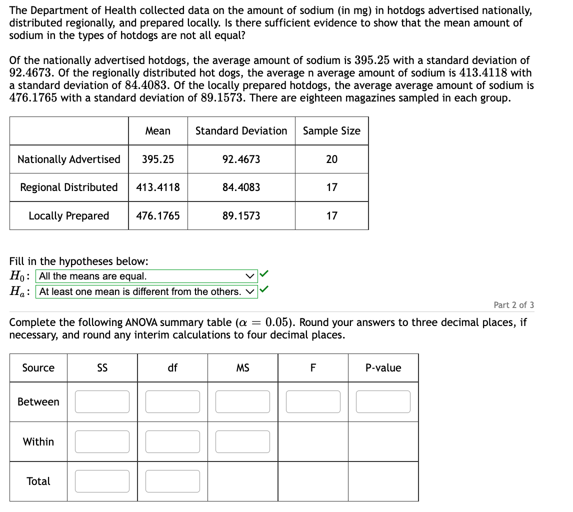 The Department of Health collected data on the amount of sodium (in mg) in hotdogs advertised nationally,
distributed regionally, and prepared locally. Is there sufficient evidence to show that the mean amount of
sodium in the types of hotdogs are not all equal?
Of the nationally advertised hotdogs, the average amount of sodium is 395.25 with a standard deviation of
92.4673. Of the regionally distributed hot dogs, the average n average amount of sodium is 413.4118 with
a standard deviation of 84.4083. Of the locally prepared hotdogs, the average average amount of sodium is
476.1765 with a standard deviation of 89.1573. There are eighteen magazines sampled in each group.
Nationally Advertised
Regional Distributed
Locally Prepared
Source
Between
Within
Mean
Total
395.25
SS
413.4118
476.1765
Fill in the hypotheses below:
Ho: All the means are equal.
Ha: At least one mean is different from the others. V
Standard Deviation
92.4673
df
84.4083
89.1573
Part 2 of 3
Complete the following ANOVA summary table (a = 0.05). Round your answers to three decimal places, if
necessary, and round any interim calculations to four decimal places.
Sample Size
MS
20
F
17
17
P-value