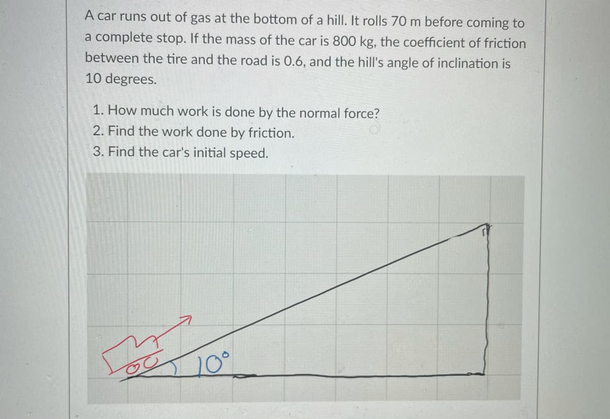 A car runs out of gas at the bottom of a hill. It rolls 70 m before coming to
a complete stop. If the mass of the car is 800 kg, the coefficient of friction
between the tire and the road is 0.6, and the hill's angle of inclination is
10 degrees.
1. How much work is done by the normal force?
2. Find the work done by friction.
3. Find the car's initial speed.
10°
