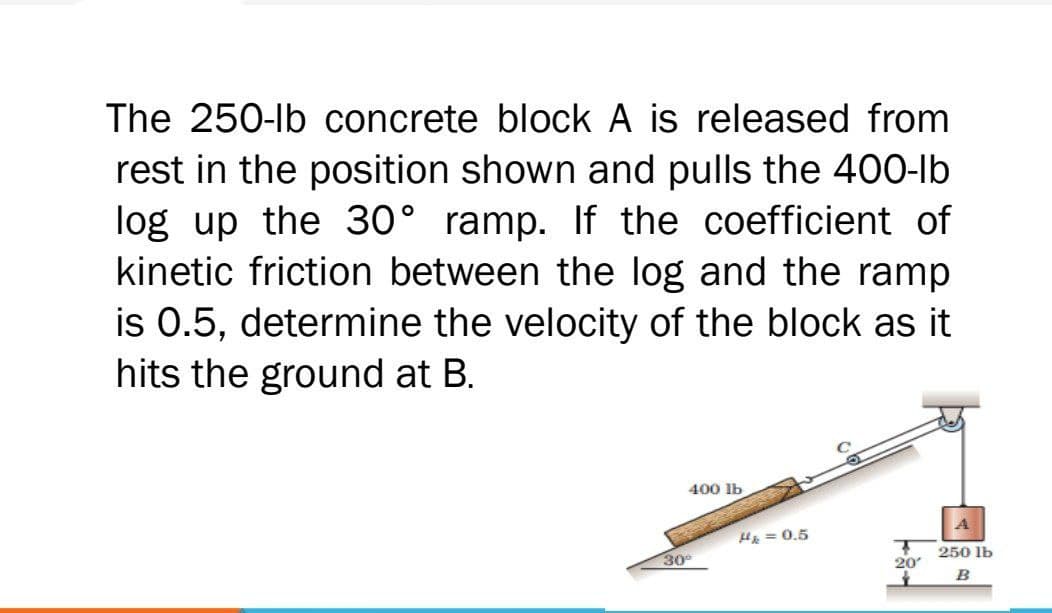 The 250-lb concrete block A is released from
rest in the position shown and pulls the 400-lb
log up the 30° ramp. If the coefficient of
kinetic friction between the log and the ramp
is 0.5, determine the velocity of the block as it
hits the ground at B.
400 lb
A
T
250 lb
20'
B
30°
H₂ = 0.5