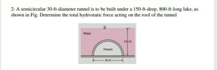 2- A semicircular 30-ft-diameter tunnel is to be built under a 150-ft-deep, 800-ft-long lake, as
shown in Fig. Determine the total hydrostatic force acting on the roof of the tunnel
Water
150 n
Tunnel
30 ft
