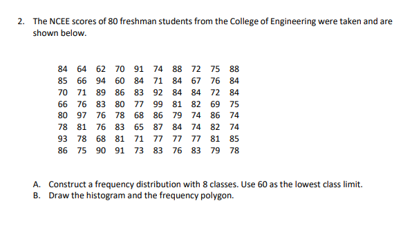 2. The NCEE scores of 80 freshman students from the College of Engineering were taken and are
shown below.
84 64 62 70 91 74
88 72 75
8
85 66 94
60 84
71
84
67
76 84
70 71
89
86 83
92
84
84
72 84
66 76
80 77
83
78 68
99
81
82
69
75
80 97 76
86
79
74 86
74
78 81 76 83 65
87
84
74
82
74
93 78 68 81
71 77 77 77 81
85
86
75
90 91 73 83
76 83
79
78
A. Construct a frequency distribution with 8 classes. Use 60 as the lowest class limit.
B. Draw the histogram and the frequency polygon.
