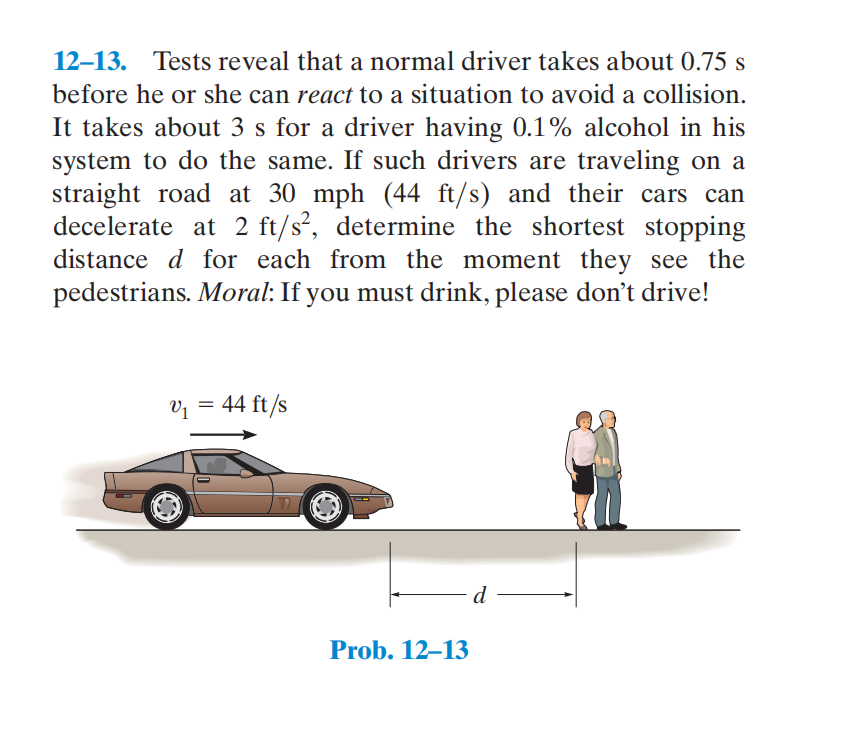 12–13. Tests reveal that a normal driver takes about 0.75 s
before he or she can react to a situation to avoid a collision.
It takes about 3 s for a driver having 0.1% alcohol in his
system to do the same. If such drivers are traveling on a
straight road at 30 mph (44 ft/s) and their cars can
decelerate at 2 ft/s², determine the shortest stopping
distance d for each from the moment they see the
pedestrians. Moral: If you must drink, please don't drive!
v = 44 ft/s
d
Prob. 12–13
