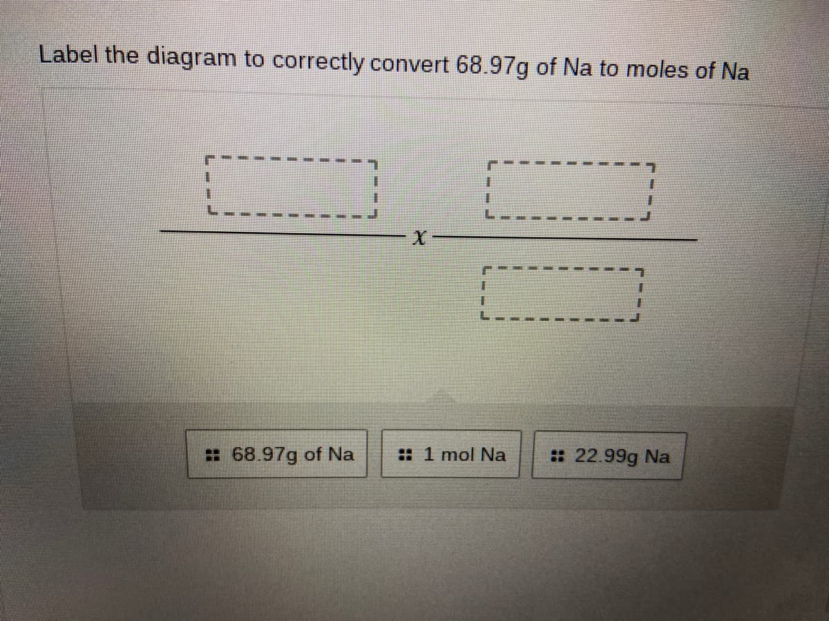 Label the diagram to correctly convert 68.97g of Na to moles of Na
: 68.97g of Na
: 1 mol Na
: 22.99g Na
