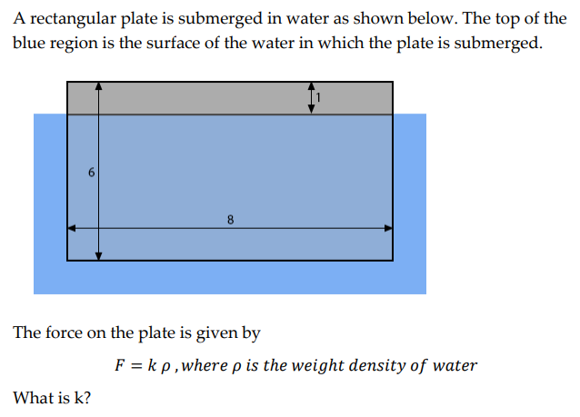 A rectangular plate is submerged in water as shown below. The top of the
blue region is the surface of the water in which the plate is submerged.
8
The force on the plate is given by
F = k p, where p is the weight density of water
What is k?
a
