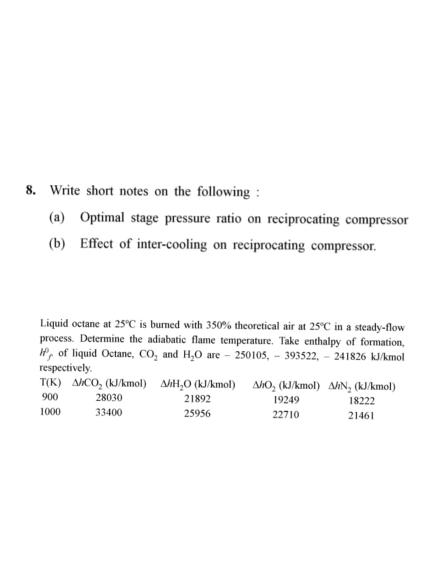 8. Write short notes on the following :
(a) Optimal stage pressure ratio on reciprocating compressor
(b) Effect of inter-cooling on reciprocating compressor.
Liquid octane at 25°C is burned with 350% theoretical air at 25°C in a steady-flow
process. Determine the adiabatic flame temperature. Take enthalpy of formation,
P, of liquid Octane, CO, and H,0 are – 250105, – 393522, – 241826 kJ/kmol
respectively.
TК) дСо, (kJkmol) ДhН,О (kJkmol)
AhO, (kJ/kmol) AN, (kJ/kmol)
900
28030
21892
19249
18222
1000
33400
25956
22710
21461
