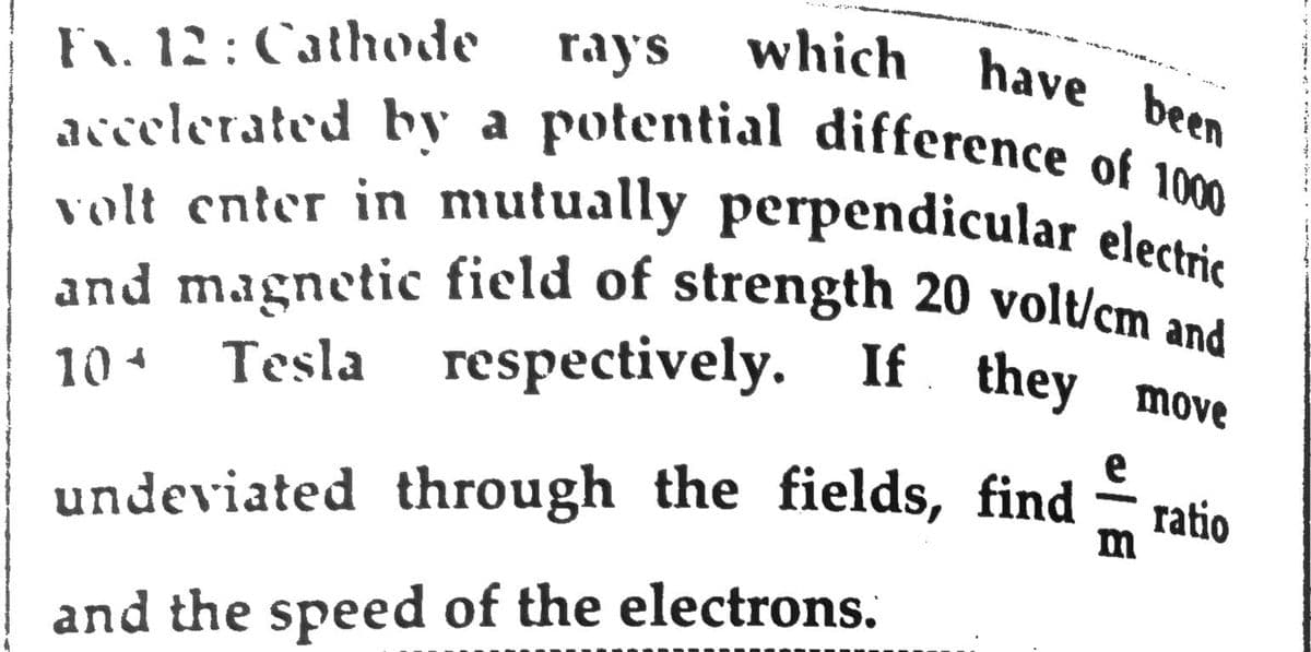 which have been
Fx. 12: Cathode
ray's
accelerated by a potential difference of 1000
volt enter in mutually perpendicular electric
and magnetic field of strength 20 volt/cm and
10 Tesla respectively. If they move
e
ratio
undeviated through the fields, find
and the speed of the electrons.