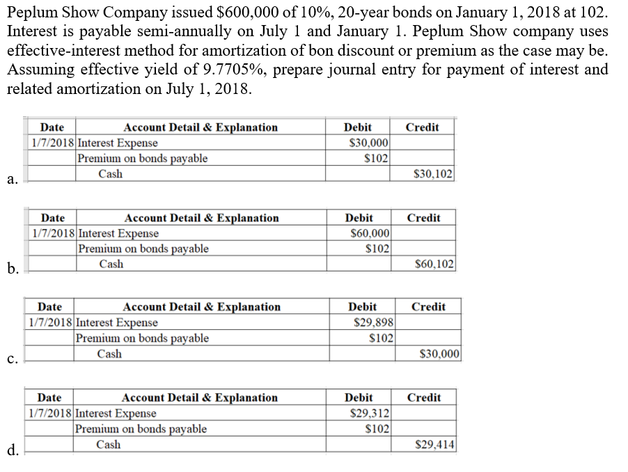 Peplum Show Company issued $600,000 of 10%, 20-year bonds on January 1, 2018 at 102.
Interest is payable semi-annually on July 1 and January 1. Peplum Show company uses
effective-interest method for amortization of bon discount or premium as the case may be.
Assuming effective yield of 9.7705%, prepare journal entry for payment of interest and
related amortization on July 1, 2018.
Date
Account Detail & Explanation
Debit
Credit
| 1/7/2018 Interest Expense
$30,000
$102
Premium on bonds payable
Cash
$30,102|
а.
Date
Account Detail & Explanation
Debit
Credit
|1/7/2018 Interest Expense
$60,000
$102
Premium on bonds payable
b.
Cash
$60,102|
Date
Account Detail & Explanation
Debit
Credit
| 1/7/2018 Interest Expense
$29,898|
$102
Premium on bonds payable
Cash
$30,000
с.
Date
Account Detail & Explanation
Debit
Credit
| 1/7/2018 Interest Expense
$29,312
Premium on bonds payable
$102|
d.
Cash
$29,414|
