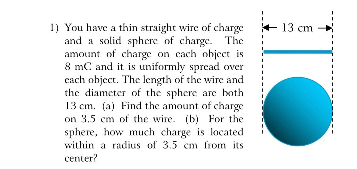 1) You have a thin straight wire of charge
and a solid sphere of charge. The
amount of charge on each object is
8 mC and it is uniformly spread over
each object. The length of the wire and
the diameter of the sphere are both
13 cm. (a) Find the amount of charge
on 3.5 cm of the wire. (b) For the
sphere, how much charge is located.
within a radius of 3.5 cm from its
center?
13 cm
I