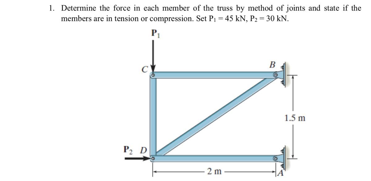 1. Determine the force in each member of the truss by method of joints and state if the
members are in tension or compression. Set P₁ = 45 kN, P₂ = 30 kN.
P₁
C
P2 D
2 m
B
1.5 m
