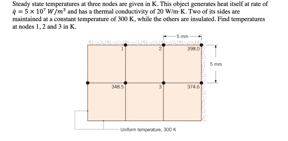 Steady state temperatures at three nodes are given in K. This object generates heat itself at rate of
q = 5×107 W/m³ and has a thermal conductivity of 20 W/m K. Two of its sides are
maintained at a constant temperature of 300 K, while the others are insulated. Find temperatures
at nodes 1, 2 and 3 in K.
5 mm
2
398.0
348.5
3
374.6
- Uniform temperature, 300 K
5 mm