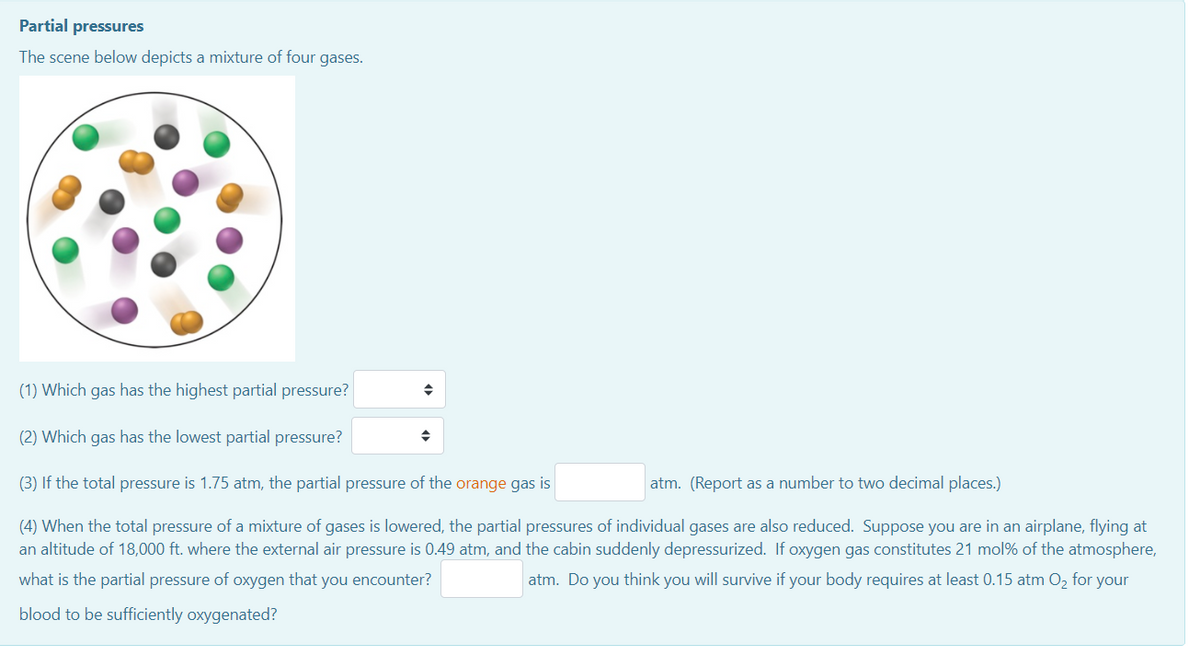 Partial pressures
The scene below depicts a mixture of four gases.
(1) Which gas has the highest partial pressure?
(2) Which gas has the lowest partial pressure?
(3) If the total pressure is 1.75 atm, the partial pressure of the orange gas is
atm. (Report as a number to two decimal places.)
(4) When the total pressure of a mixture of gases is lowered, the partial pressures of individual gases are also reduced. Suppose you are in an airplane, flying at
an altitude of 18,000 ft. where the external air pressure is 0.49 atm, and the cabin suddenly depressurized. If oxygen gas constitutes 21 mol% of the atmosphere,
what is the partial pressure of oxygen that you encounter?
atm. Do you think you will survive if your body requires at least 0.15 atm O, for your
blood to be sufficiently oxygenated?
