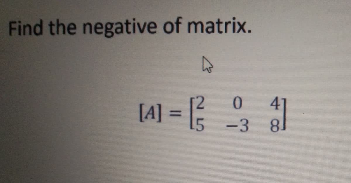 Find the negative of matrix.
0.
[A] = {
%3D
-3
