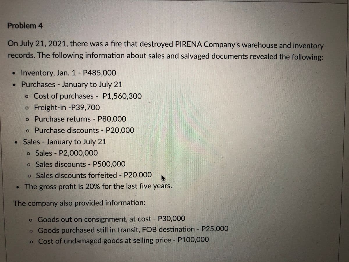 Problem 4
On July 21, 2021, there was a fire that destroyed PIRENA Company's warehouse and inventory
records. The following information about sales and salvaged documents revealed the following:
• Inventory, Jan. 1 - P485,000
• Purchases - January to July 21
o Cost of purchases - P1,560,300
o Freight-in -P39,700
o Purchase returns P80,000
o Purchase discounts P20,000
• Sales - January to July 21
%3D
o Sales P2,000,000
%3D
o Sales discounts P500,000
o Sales discounts forfeited P20,000
• The gross profit is 20% for the last five years.
The company also provided information:
o Goods out on consignment, at cost - P30,000
o Goods purchased still in transit, FOB destination P25,000
o Cost of undamaged goods at selling price P100,000
