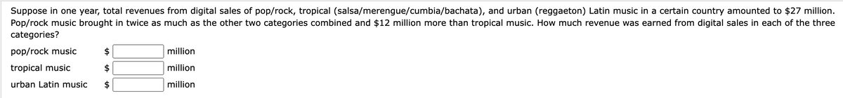 Suppose in one year, total revenues from digital sales of pop/rock, tropical (salsa/merengue/cumbia/bachata), and urban (reggaeton) Latin music in a certain country amounted to $27 million.
Pop/rock music brought in twice as much as the other two categories combined and $12 million more than tropical music. How much revenue was earned from digital sales in each of the three
categories?
pop/rock music
tropical music
urban Latin music
million
million
million