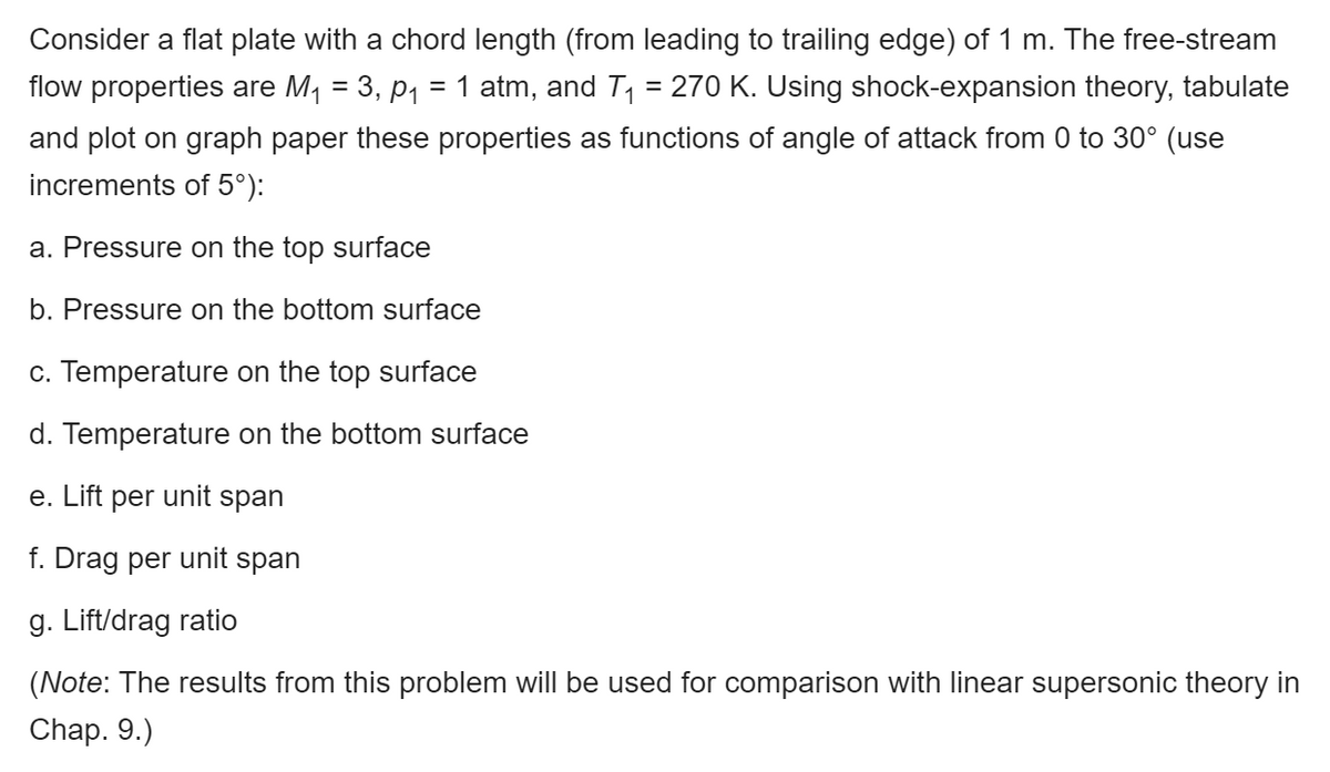 Consider a flat plate with a chord length (from leading to trailing edge) of 1 m. The free-stream
flow properties are M1 = 3, p1 = 1 atm, and T, = 270 K. Using shock-expansion theory, tabulate
and plot on graph paper these properties as functions of angle of attack from 0 to 30° (use
increments of 5°):
a. Pressure on the top surface
b. Pressure on the bottom surface
c. Temperature on the top surface
d. Temperature on the bottom surface
e. Lift per unit span
f. Drag per unit span
g. Lift/drag ratio
(Note: The results from this problem will be used for comparison with linear supersonic theory in
Chap. 9.)
