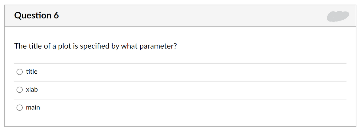 Question 6
The title of a plot is specified by what parameter?
title
xlab
main
