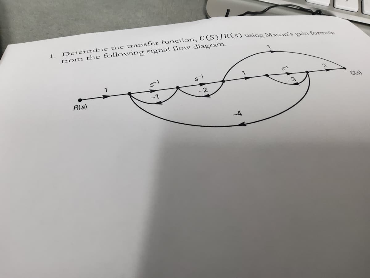 Determine the transfer function, C(S)/R(s) using Mason's gain formle
from the following signal flow diagram.
s-1
s1
2.
Clst
-2
R(s)
-4
