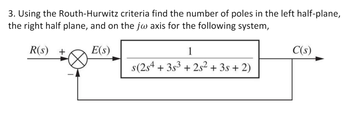 3. Using the Routh-Hurwitz criteria find the number of poles in the left half-plane,
the right half plane, and on the jw axis for the following system,
R(s) +
E(s)
1
C(s)
s(2s4 + 3s3 + 2s² + 3s + 2)
