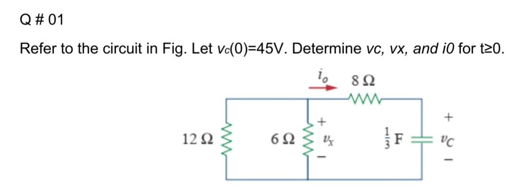 Q# 01
Refer to the circuit in Fig. Let Vo(0)=45V. Determine vc, vx, and i0 for t20.
82
12 Ω
6Ω
1/3
