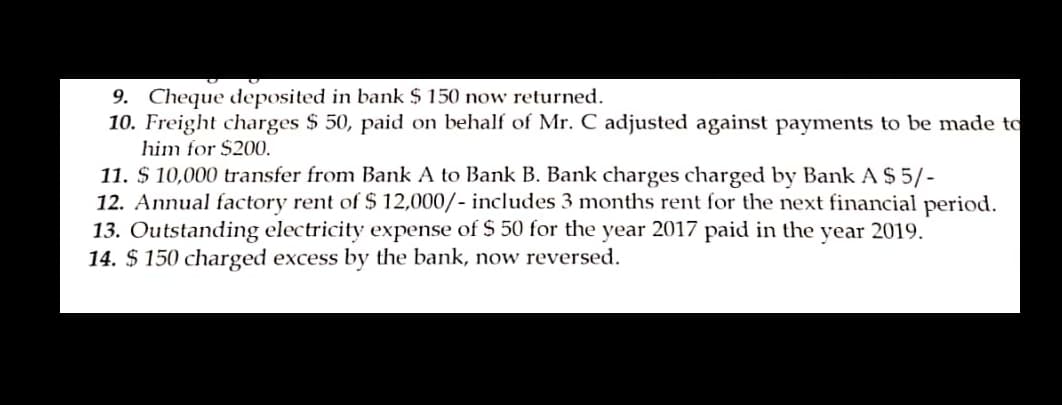 9. Cheque deposited in bank $ 150 now returned.
10. Freight charges $ 50, paid on behalf of Mr. C adjusted against payments to be made to
him for $200.
11. $ 10,000 transfer from Bank A to Bank B. Bank charges charged by Bank A $ 5/-
12. Annual factory rent of $ 12,000/- includes 3 months rent for the next financial period.
13. Outstanding electricity expense of $ 50 for the year 2017 paid in the year 2019.
14. $ 150 charged excess by the bank, now reversed.
