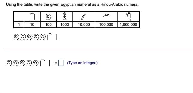 Using the table, write the given Egyptian numeral as a Hindu-Arabic numeral.
1
10
100
1000
10,000
100,000
1,000,000
99999N I|
O9999N I|
(Type an integer.)
