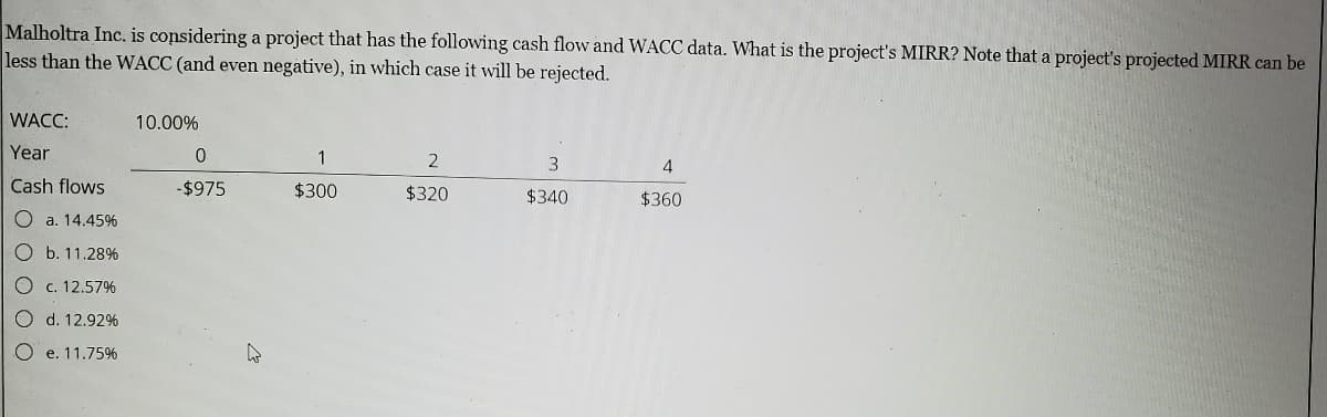 Malholtra Inc. is considering a project that has the following cash flow and WACC data. What is the project's MIRR? Note that a project's projected MIRR can be
less than the WACC (and even negative), in which case it will be rejected.
WACC:
10.00%
Year
1
4
Cash flows
-$975
$300
$320
$340
$360
O a. 14.45%
O b. 11.28%
O c. 12.57%
O d. 12.92%
O e. 11.75%
