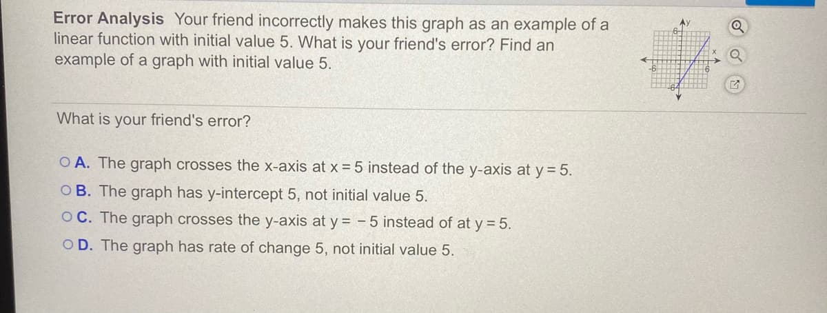 Error Analysis Your friend incorrectly makes this graph as an example of a
linear function with initial value 5. What is your friend's error? Find an
example of a graph with initial value 5.
What is your friend's error?
O A. The graph crosses the x-axis at x = 5 instead of the y-axis at y = 5.
O B. The graph has y-intercept 5, not initial value 5.
OC. The graph crosses the y-axis at y = - 5 instead of at y = 5.
O D. The graph has rate of change 5, not initial value 5.
