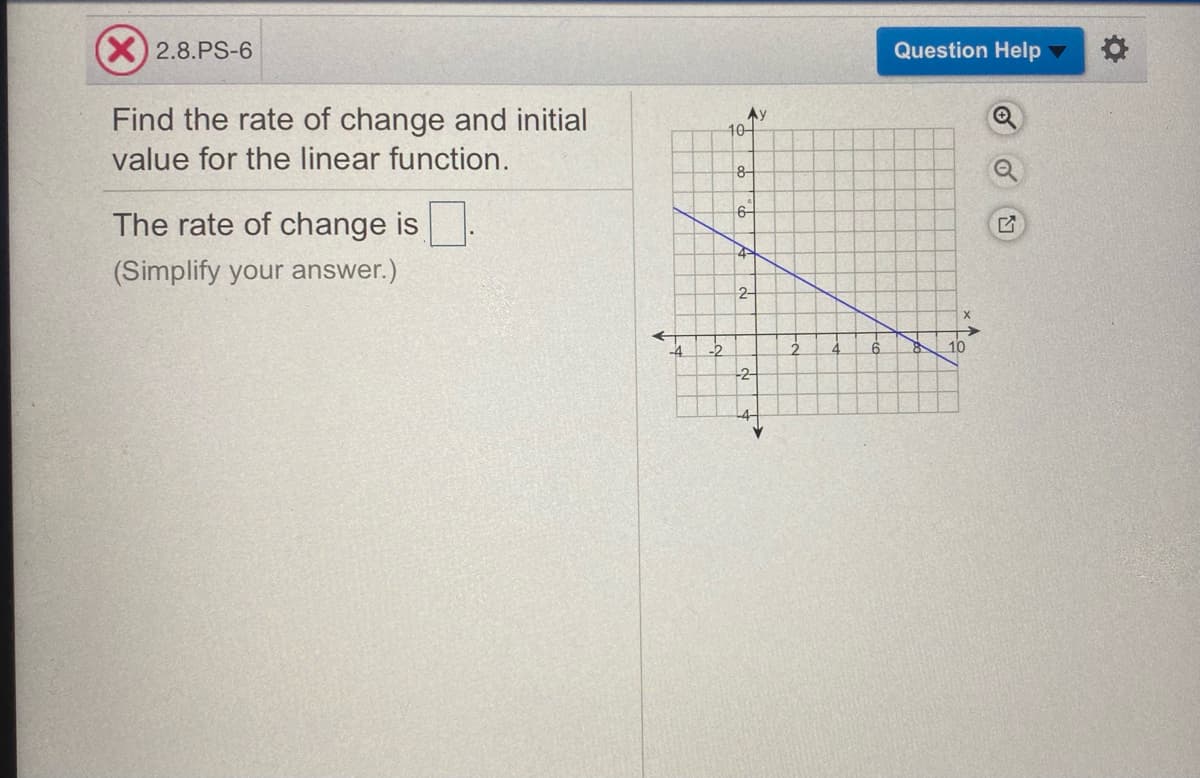 X)2.8.PS-6
Question Helpv
Find the rate of change and initial
value for the linear function.
Ay
10-
8-
6-
The rate of change is
(Simplify your answer.)
2-
4.
10
-2-
