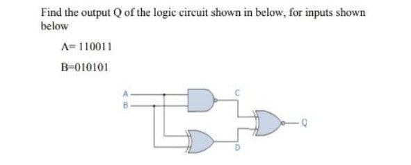 Find the output Q of the logic circuit shown in below, for inputs shown
below
A= 110011
B-010101
