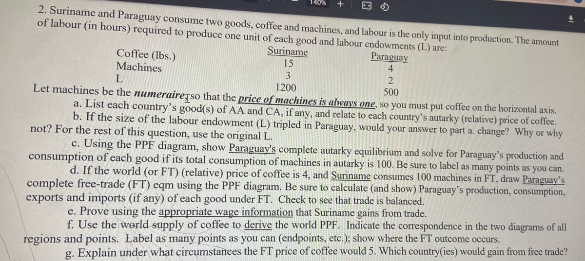140%
2. Suriname and Paraguay consume two goods, coffee and machines, and labour is the only input into production. The amount
of labour (in hours) required to produce one unit of each good and labour endowments (L) are:
Suriname
Paraguay
Coffee (lbs.)
Machines
15
4
2
L
1200
Let machines be the numeraire¡so that the price of machines is always one, so you must put coffee on the horizontal axis.
a. List each country's good(s) of AA and CA, if any, and relate to each country’s autarky (relative) price of coffee.
b. If the size of the labour endowment (L) tripled in Paraguay, would your answer to part a. change? Why or why
500
not? For the rest of this question, use the original L.
c. Using the PPF diagram, show Paraguay's complete autarky equilibrium and solve for Paraguay's production and
consumption of each good if its total consumption of machines in autarky is 100. Be sure to label as many points as you can.
d. If the world (or FT) (relative) price of coffee is 4, and Suriname consumes 100 machines in FT, draw Paraguay's
complete free-trade (FT) eqm using the PPF diagram. Be sure to calculate (and show) Paraguay's production, consumption,
exports and imports (if any) of each good under FT. Check to see that trade is balanced.
e. Prove using the appropriate wage information that Suriname gains from trade.
f. Use the world supply of coffee to derive the world PP
Indicate the correspondence in the two diagrams of all
regions and points. Label as many points as you can (endpoints, etc.); show where the FT outcome occurs.
g. Explain under what circumstances the FT price of coffee would 5. Which country(ies) would gain from free trade?
