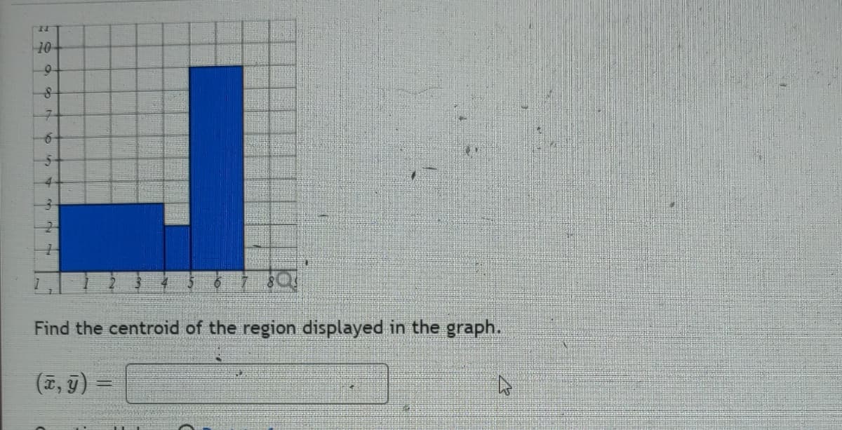 11
10-
9
8
7
6
5-
3
Find the centroid of the region displayed in the graph.
(x, y) =
4