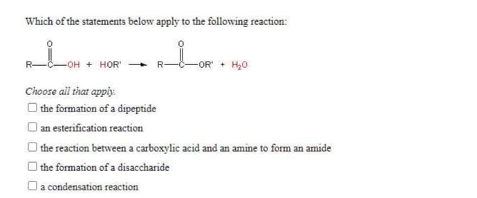 Which of the statements below apply to the following reaction:
-OH + HOR'
-OR' + H,0
R-
Choose all that appiy.
O the formation of a dipeptide
O an esterification reaction
| the reaction between a carboxylic acid and an amine to form an amide
O the formation of a disaccharide
O a condensation reaction

