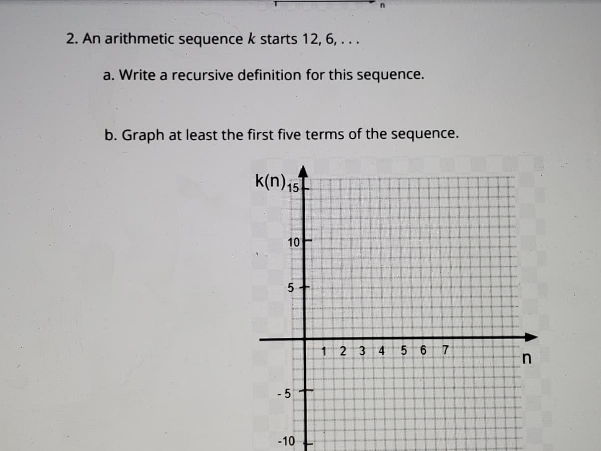 2. An arithmetic sequence k starts 12, 6, ...
a. Write a recursive definition for this sequence.
b. Graph at least the first five terms of the sequence.
k(n)15
10
5
23
4
56
7
in
-5
-10
