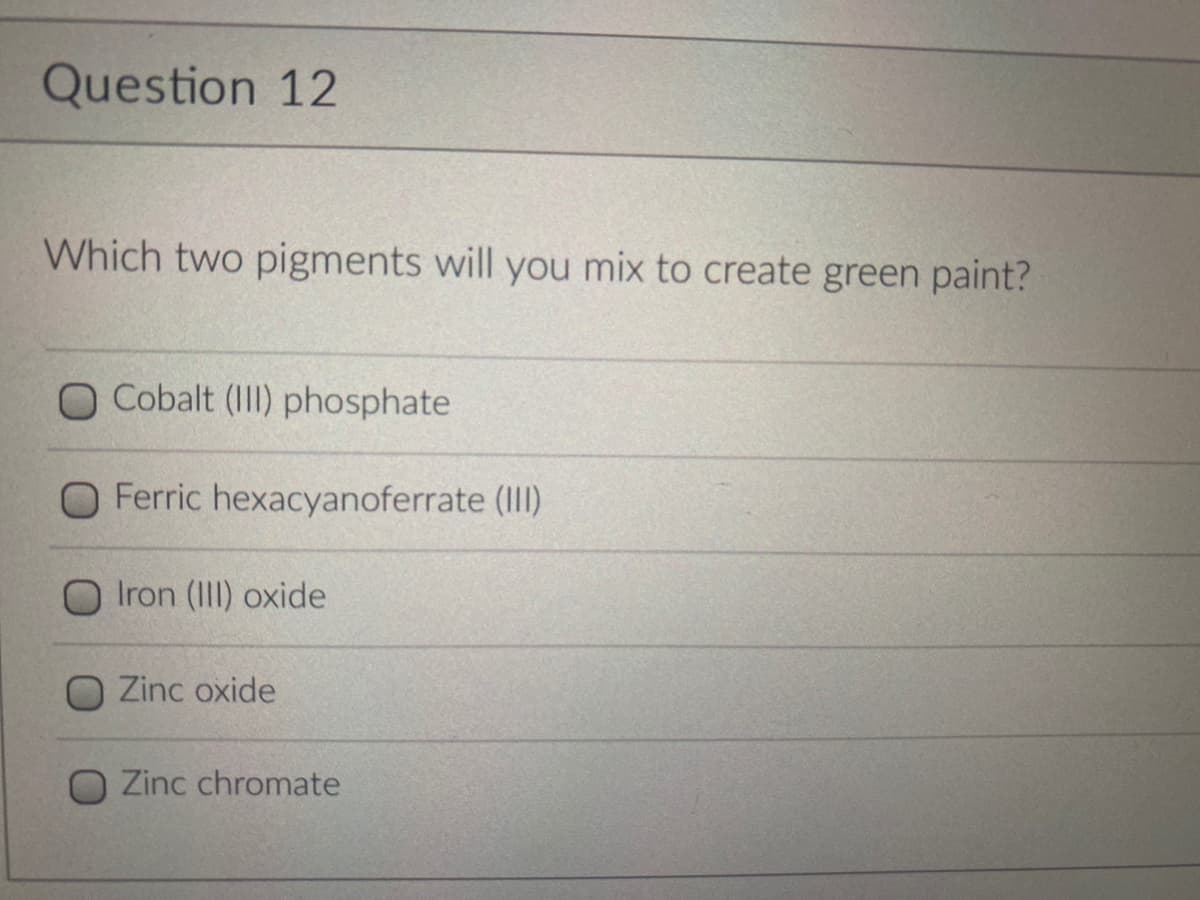 Question 12
Which two pigments will you mix to create green paint?
Cobalt (III) phosphate
O Ferric hexacyanoferrate (III)
Iron (III) oxide
Zinc oxide
Zinc chromate