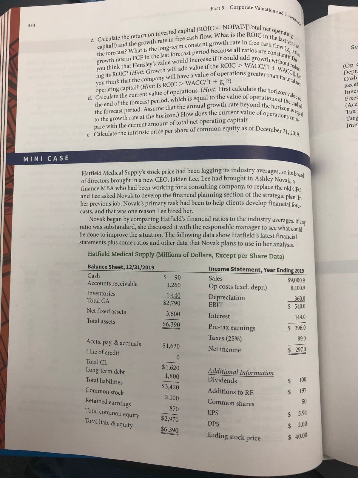 c. Calculate the return on invested capital (ROIC = NOPAT/[Total net operating
growth rate in FCF in the last forecast period because all ratios are constant)? Do
e. Calculate the intrinsic price per share of common equity as of December 31, 2019.
you think that Hensley's value would increase if it could add growth without reduc-
to the growth rate at the horizon.) How does the current value of operations com-
you think that the company will have a value of operations greater than its total net
capital]) and the growth rate in free cash flow. What is the ROIC in the last year of
the forecast? What is the long-term constant growth rate in free cash flow (g, is the
d. Calculate the current value of operations. (Hint: First calculate the horizon value at
ing its ROIC? (Hint: Growth will add value if the ROIC > WACC/[1 + WACC]). Do
the end of the forecast period, which is equal to the value of operations at the end of
Hatfield Medical Supply's stock price had been lagging its industry averages, so its board
the forecast period. Assume that the annual growth rate beyond the horizon is equal
Part 5 Corporate Valuation and Governance
Governance
534
%3D
Se
ifi
(Ор. с
Depr.
Cash.
you
a
you
Recei
operating capital? (Hint: Is ROIC> WACC/[1 + g,]?)
Inver
Fixec
(Acc
Тах
to the growth rate at the horizon.) How does the current value of operatio
pare with the current amount of total net operating capital?
Targ
Inter
com-
MINI CASE
of directors brought in a new CEO, Jaiden Lee. Lee had brought in Ashley Novak.a
finance MBA who had been working for a consulting company, to replace the old CFO
and Lee asked Novak to develop the financial planning section of the strategic plan. In
her previous job, Novak's primary task had been to help clients develop financial fore-
casts, and that was one reason Lee hired her.
Novak began by comparing Hatfield's financial ratios to the industry averages. If anv
ratio was substandard, she discussed it with the responsible manager to see what could
be done to improve the situation. The following data show Hatfield's latest financial
statements plus some ratios and other data that Novak plans to use in her analysis.
Hatfield Medical Supply (Millions of Dollars, Except per Share Data)
Balance Sheet, 12/31/2019
Income Statement, Year Ending 2019
Cash
0 Accounts receivable
$ 90
1,260
Sales
Op costs (excl. depr.)
$9,000.9
8,100.9
Inventories
1,440
$2,790
Depreciation
EBIT
360.0
$ 540.0
Total CA
Net fixed assets
3,600
Interest
144.0
Total assets
$6,390
Pre-tax earnings
$ 396.0
Taxes (25%)
99.0
Accts. pay. & accruals
$1,620
Line of credit
Net income
$297.0
0.
Total CL
$1,620
Long-term debt
Additional Information
1,800
Total liabilities
Dividends
2$
100
$3,420
Common stock
Additions to RE
$197
Retained earnings
2,100
Common shares
Total common equity
870
EPS
$ 5.94
Total liab. & equity
$2,970
DPS
$ 200
$6,390
Ending stock price
$ 40.00
50
