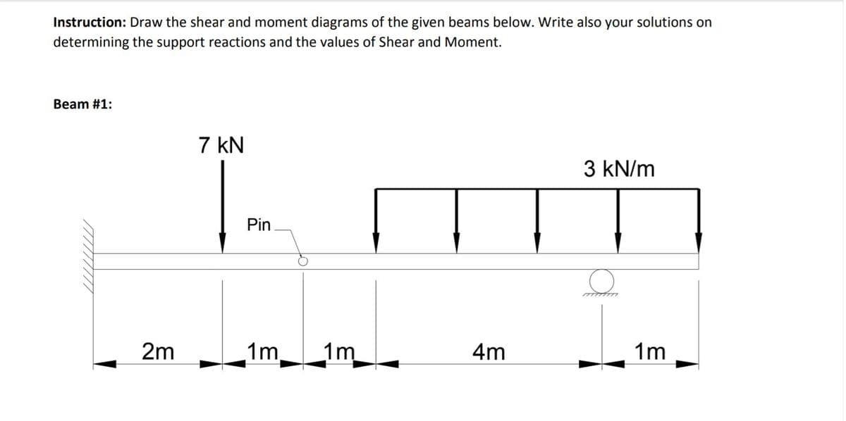 Instruction: Draw the shear and moment diagrams of the given beams below. Write also your solutions on
determining the support reactions and the values of Shear and Moment.
Beam #1:
7 kN
3 kN/m
Pin
2m
1m,
1m
4m
1m
