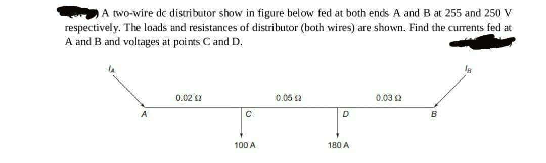 A two-wire dc distributor show in figure below fed at both ends A and B at 255 and 250 V
respectively. The loads and resistances of distributor (both wires) are shown. Find the currents fed at
A and B and voltages at points C and D.
A
B
0.02 22
0.05 92
0.03 22
A
C
D
100 A
180 A
B