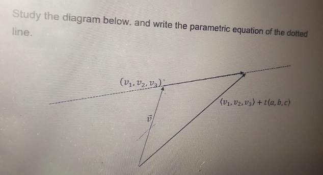 Study the diagram below. and write the parametric equation of the dotted
line.
(V₁, V₂, V3)
(V₁, V2, V3) + t(a, b, c)