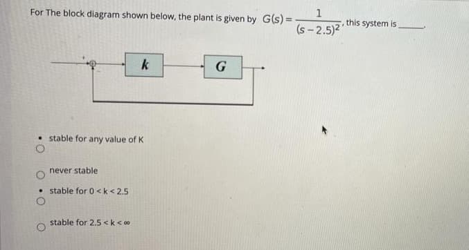 For The block diagram shown below, the plant is given by G(s) =
k
G
stable for any value of K
never stable
stable for 0 <k <2.5
stable for 2.5 <k < 00
1
(s-2.5)²
this system is