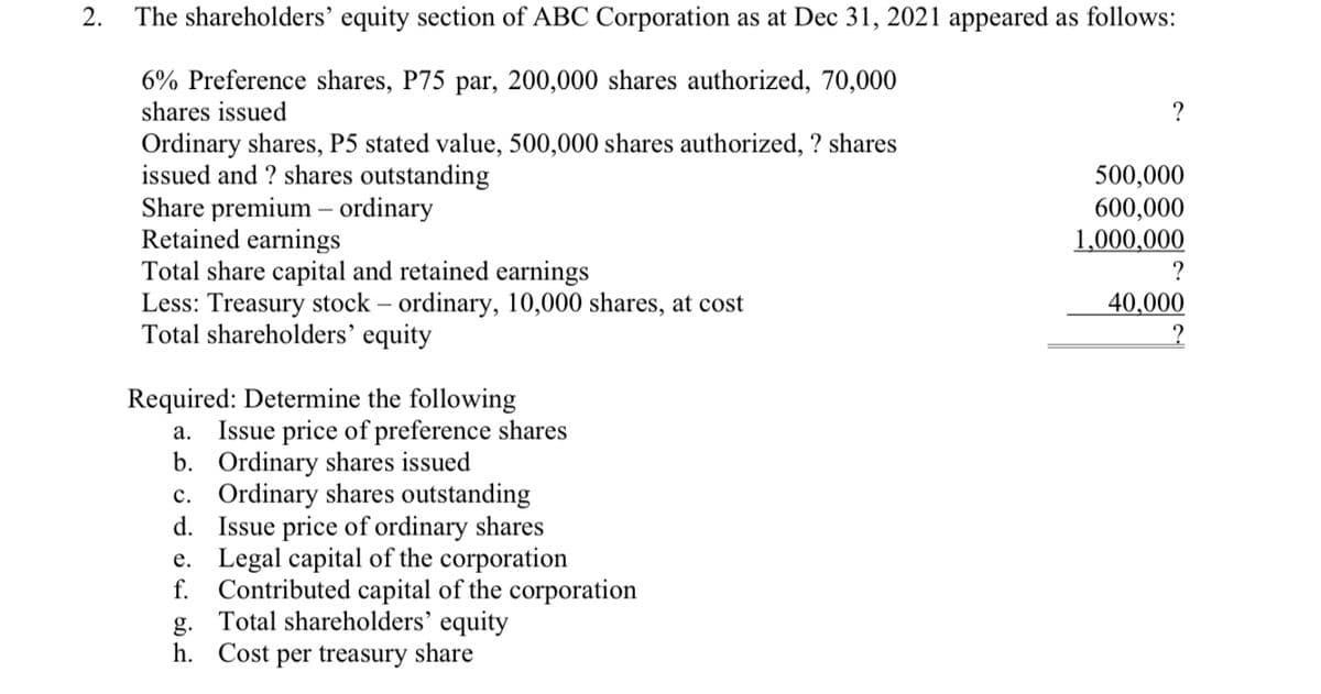2.
The shareholders’ equity section of ABC Corporation as at Dec 31, 2021 appeared as follows:
6% Preference shares, P75 par, 200,000 shares authorized, 70,000
shares issued
Ordinary shares, P5 stated value, 500,000 shares authorized, ? shares
issued and ? shares outstanding
Share premium – ordinary
Retained earnings
Total share capital and retained earnings
Less: Treasury stock – ordinary, 10,000 shares, at cost
Total shareholders’ equity
500,000
600,000
1,000,000
40,000
Required: Determine the following
Issue price of preference shares
b. Ordinary shares issued
c. Ordinary shares outstanding
d. Issue price of ordinary shares
e. Legal capital of the corporation
f.
а.
Contributed capital of the corporation
g. Total shareholders’ equity
h. Cost per treasury share
