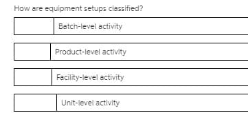 How are equipment setups classified?
Batch-level activity
Product-level activity
Facility-level activity
Unit-level activity
